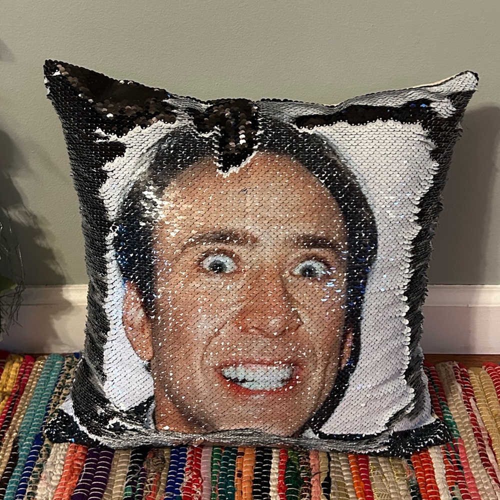 NEW Nicolas Cage Face Sequin Pillow Unique Funny Humor